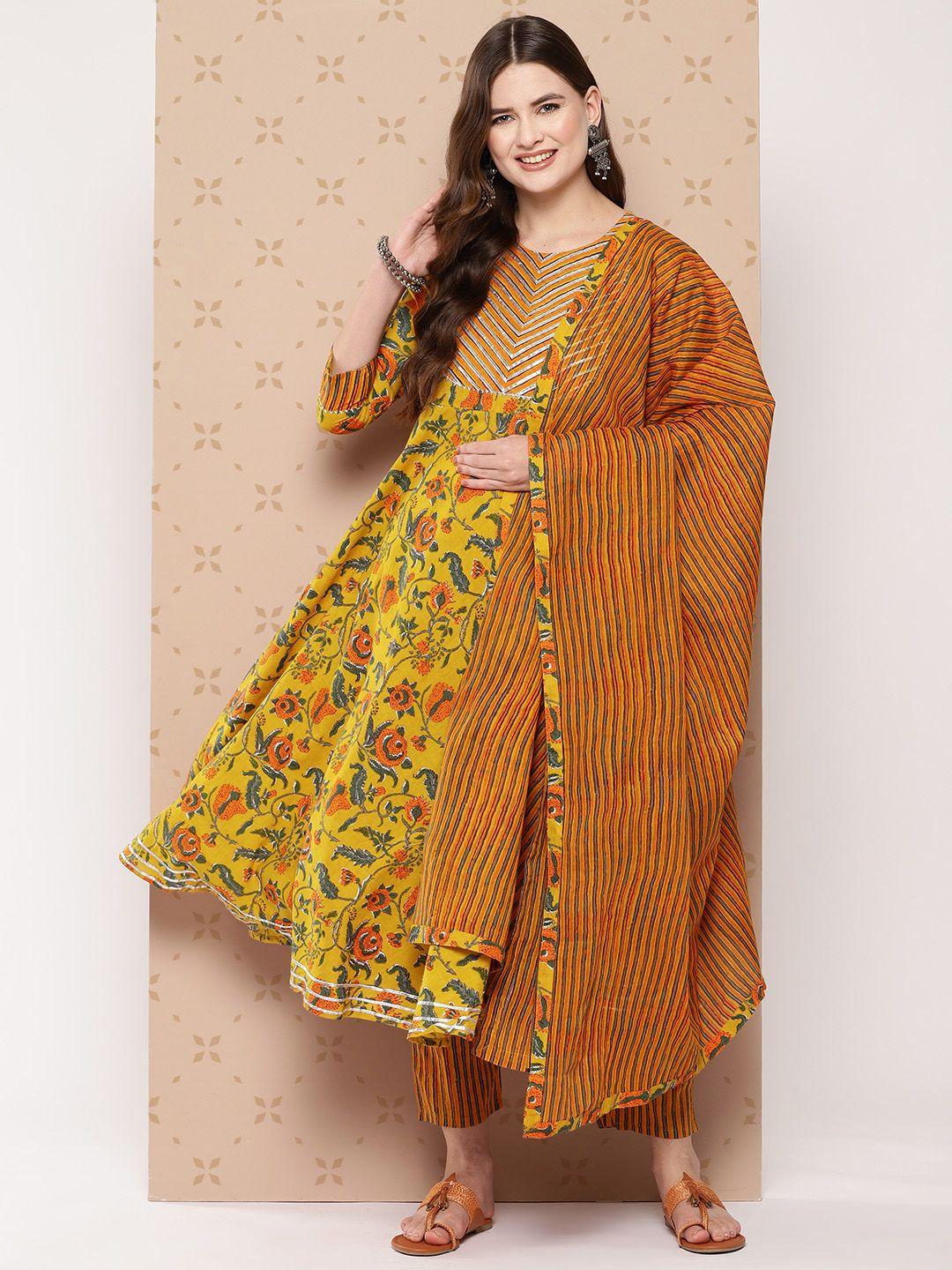 kalini pure cotton floral printed anarkali gotta patti kurta with trousers & with dupatta