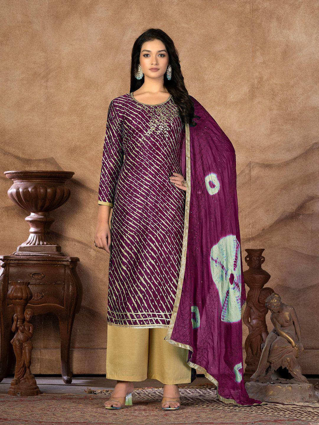 kalini purple & beige embroidered pure cotton unstitched dress material