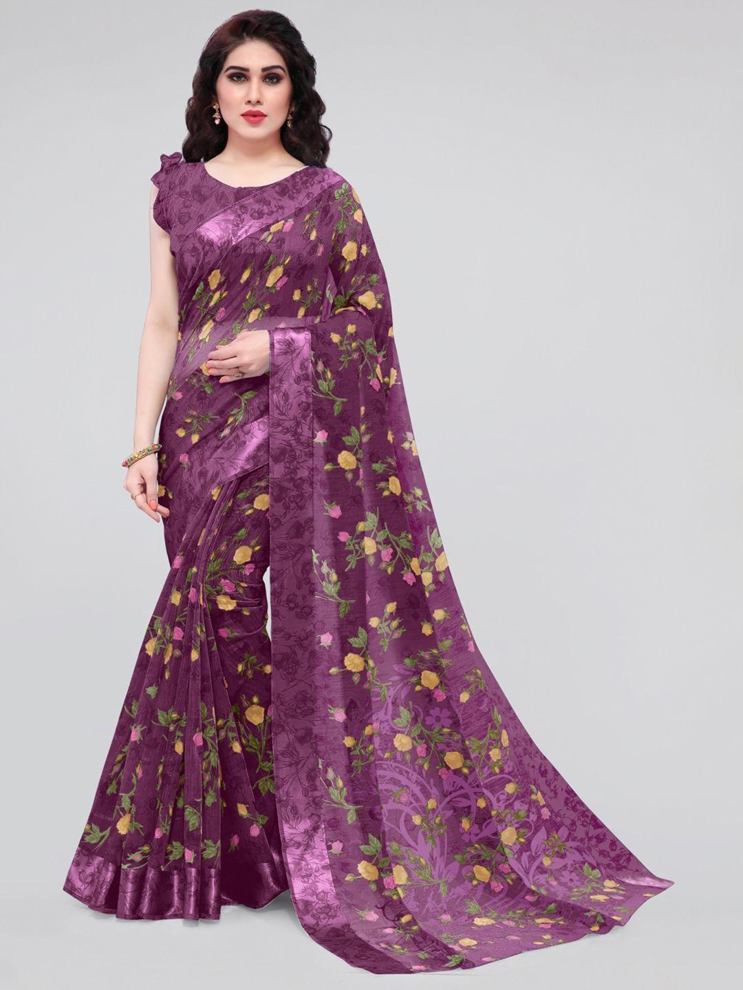 kalini purple & green floral printed designer bagh saree
