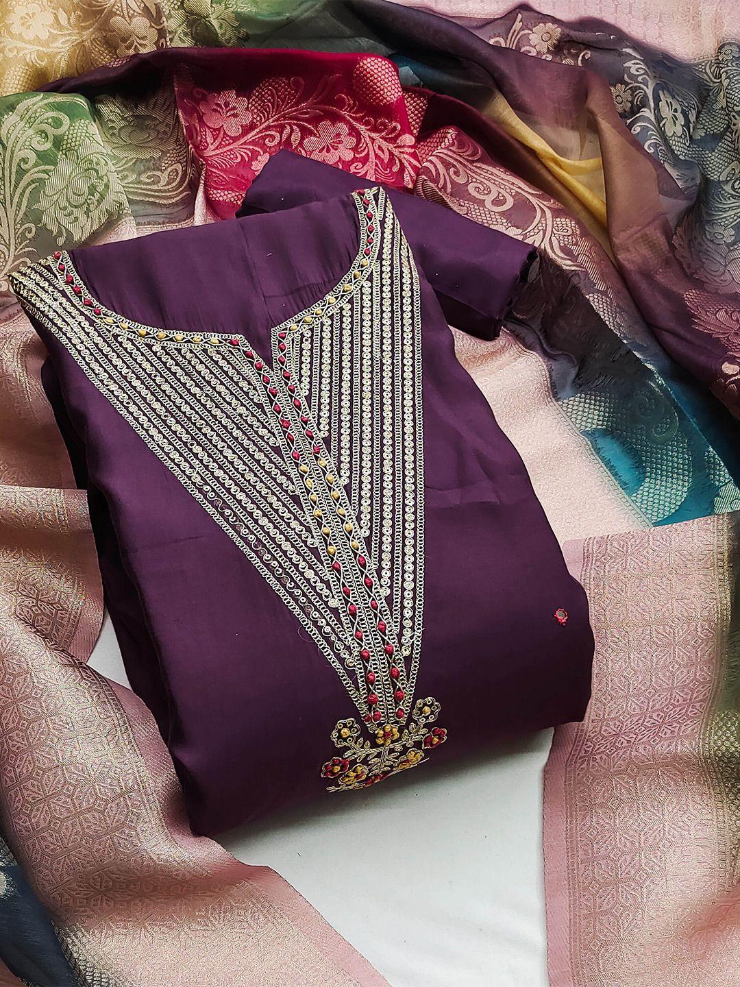 kalini purple & red embroidered pure silk unstitched dress material
