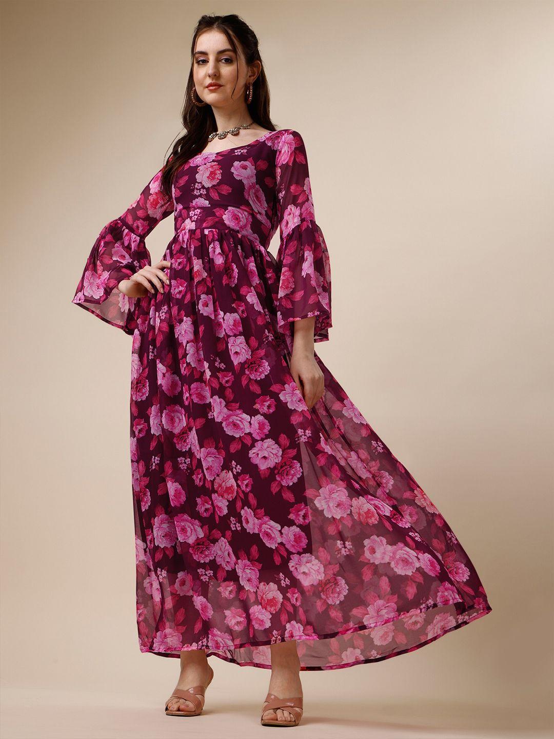 kalini purple floral print bell sleeve georgette maxi dress