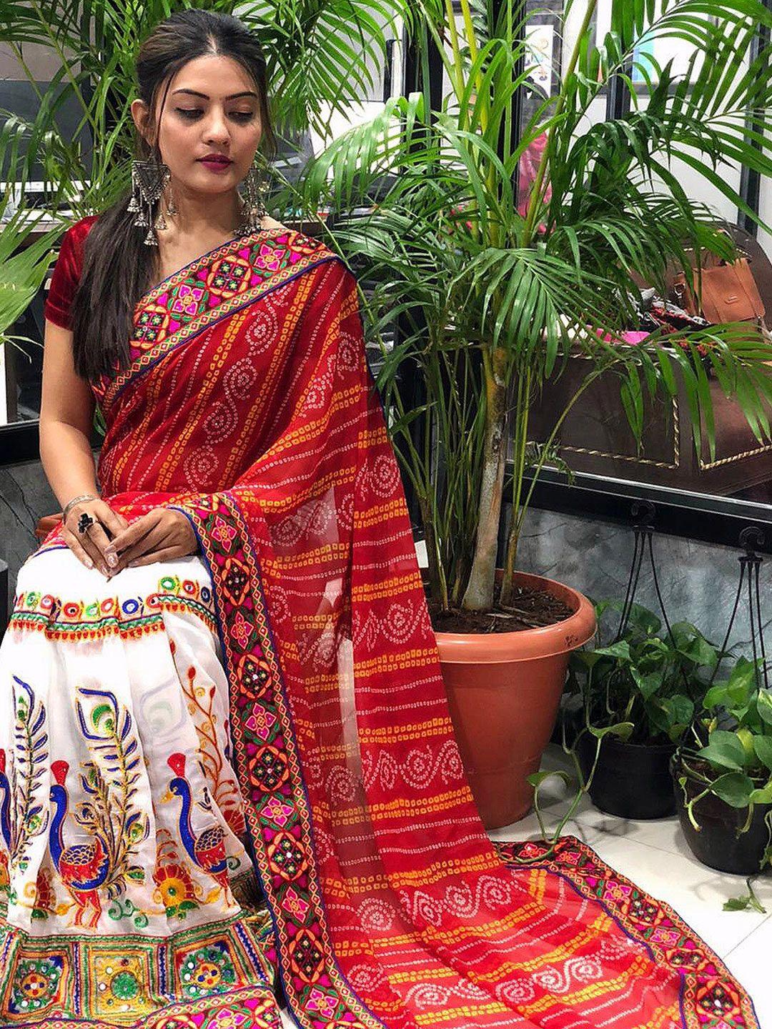 kalini red & beige bandhani pallu embroidered pure georgette half and half bandhani saree