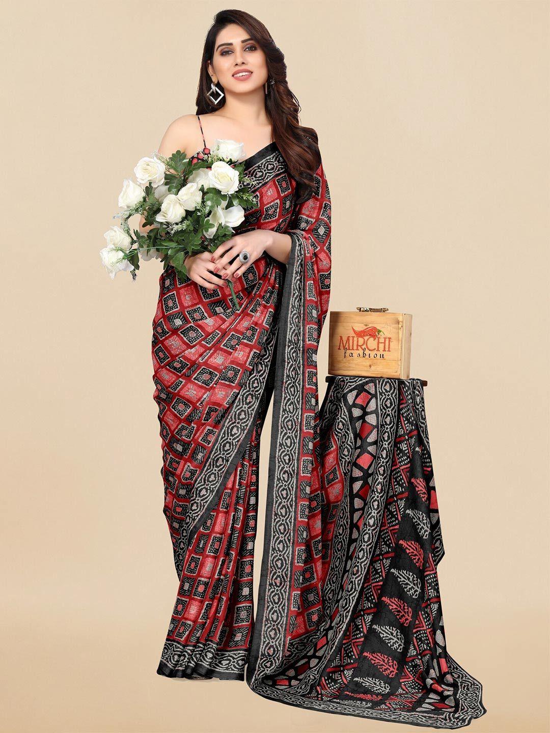 kalini red & black colourblocked chiffon print saree