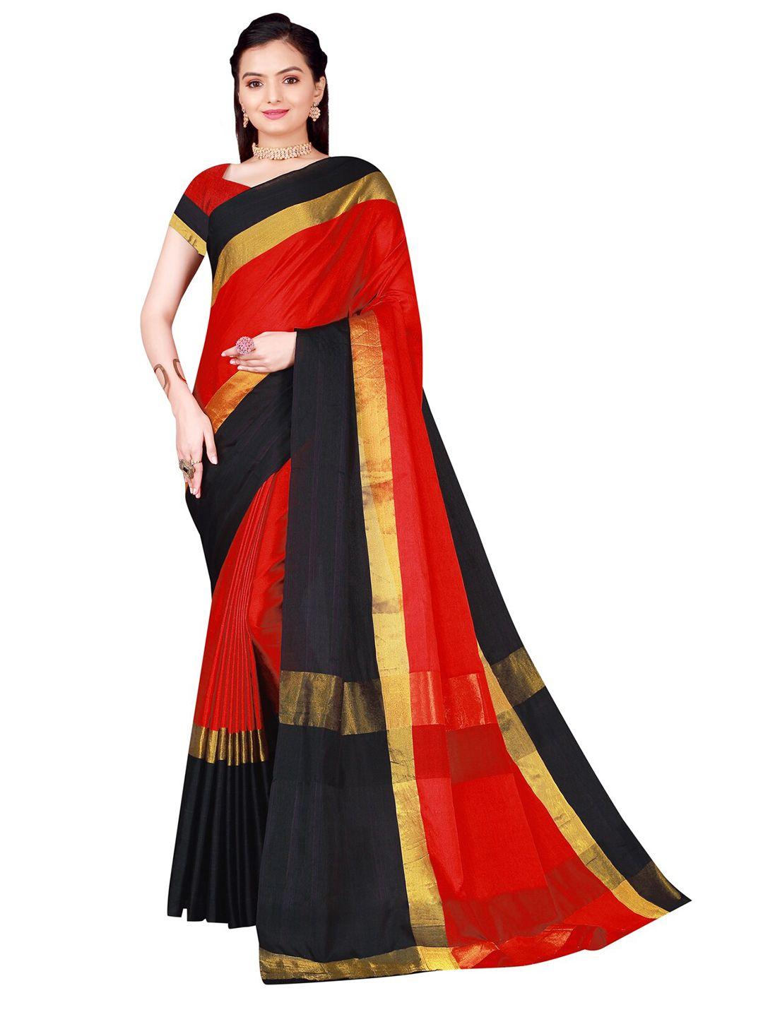 kalini red & black colourblocked cotton silk saree