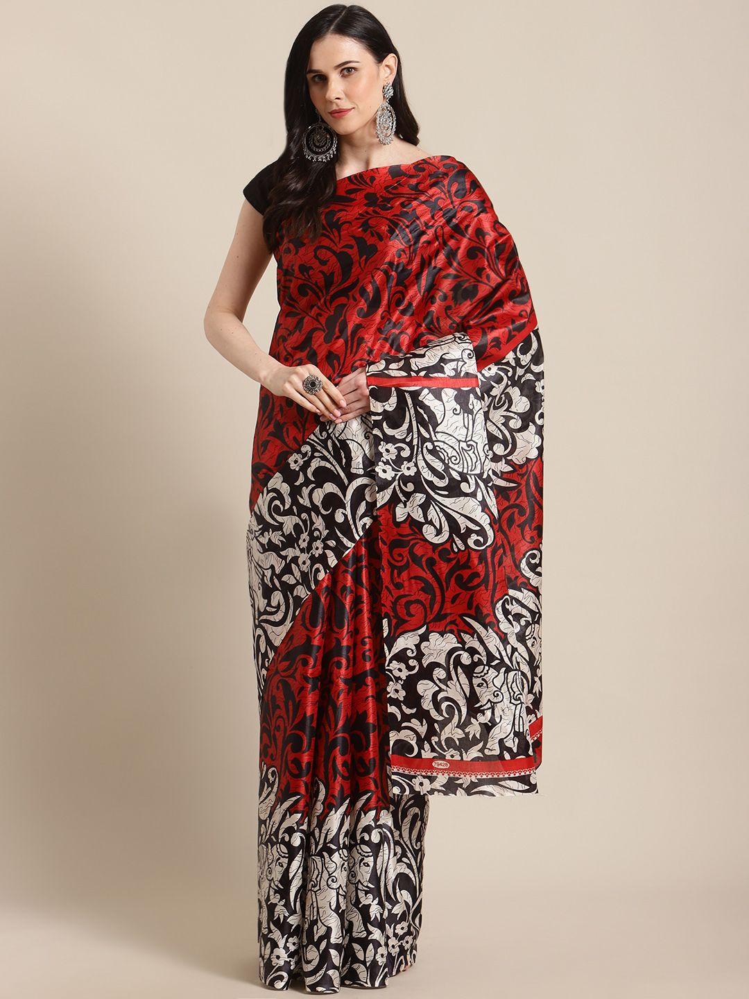 kalini red & black floral block printed saree