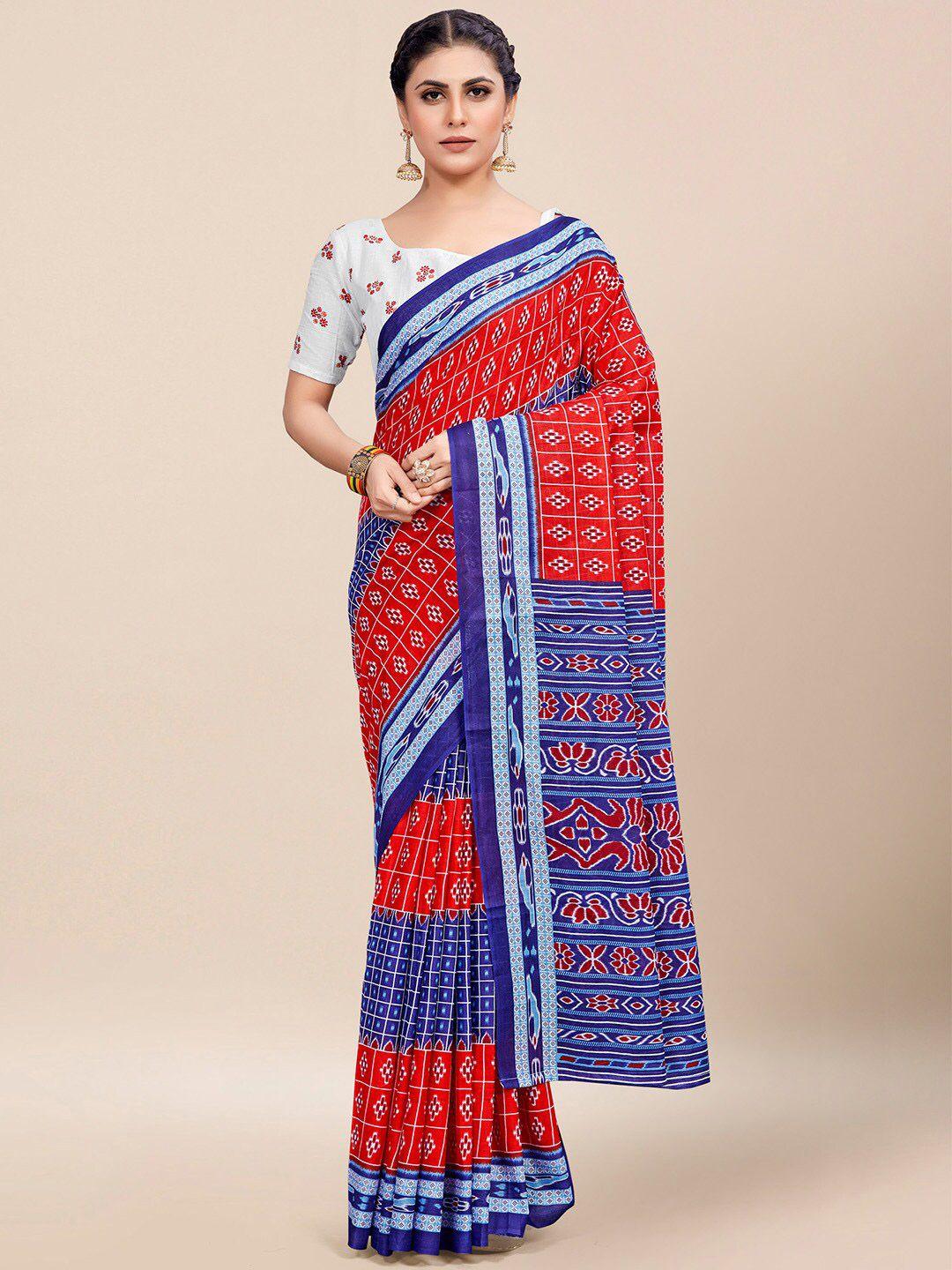 kalini red & blue ethnic motifs pure cotton ikat saree