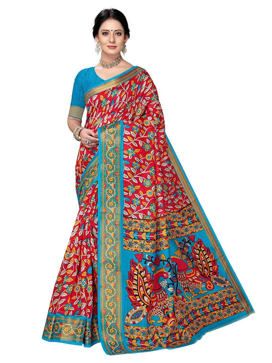 kalini red & blue floral fusion mysore silk saree