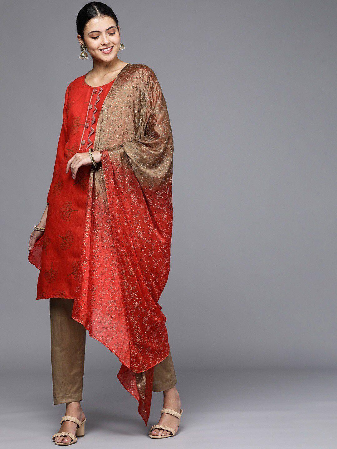 kalini red & brown printed unstitched dress material