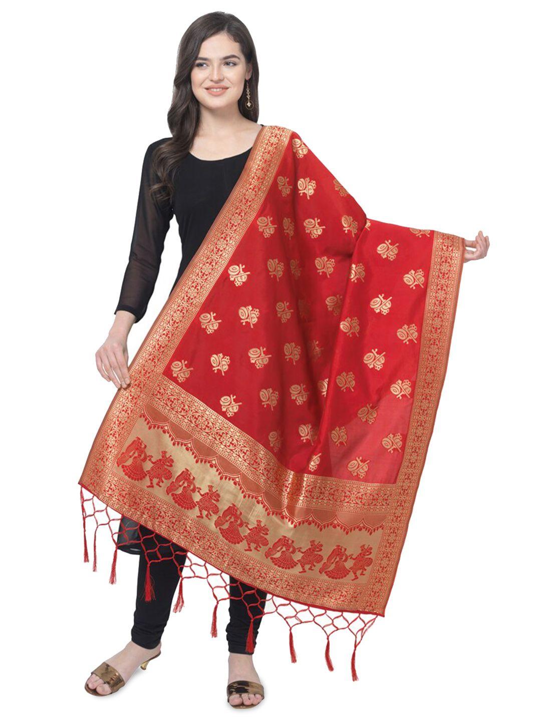 kalini red & gold-toned ethnic motifs woven design dupatta