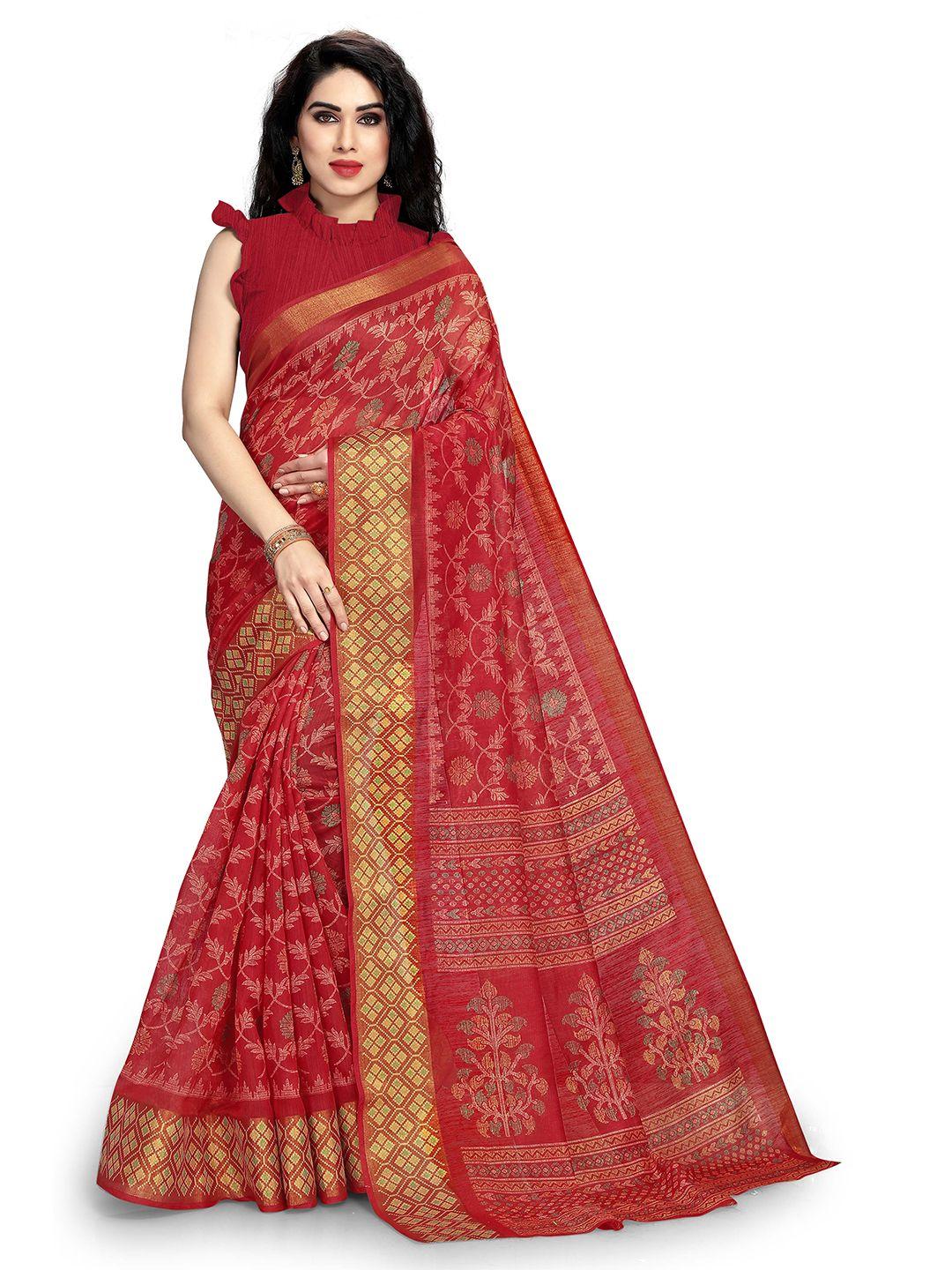 kalini red & gold-toned floral zari saree