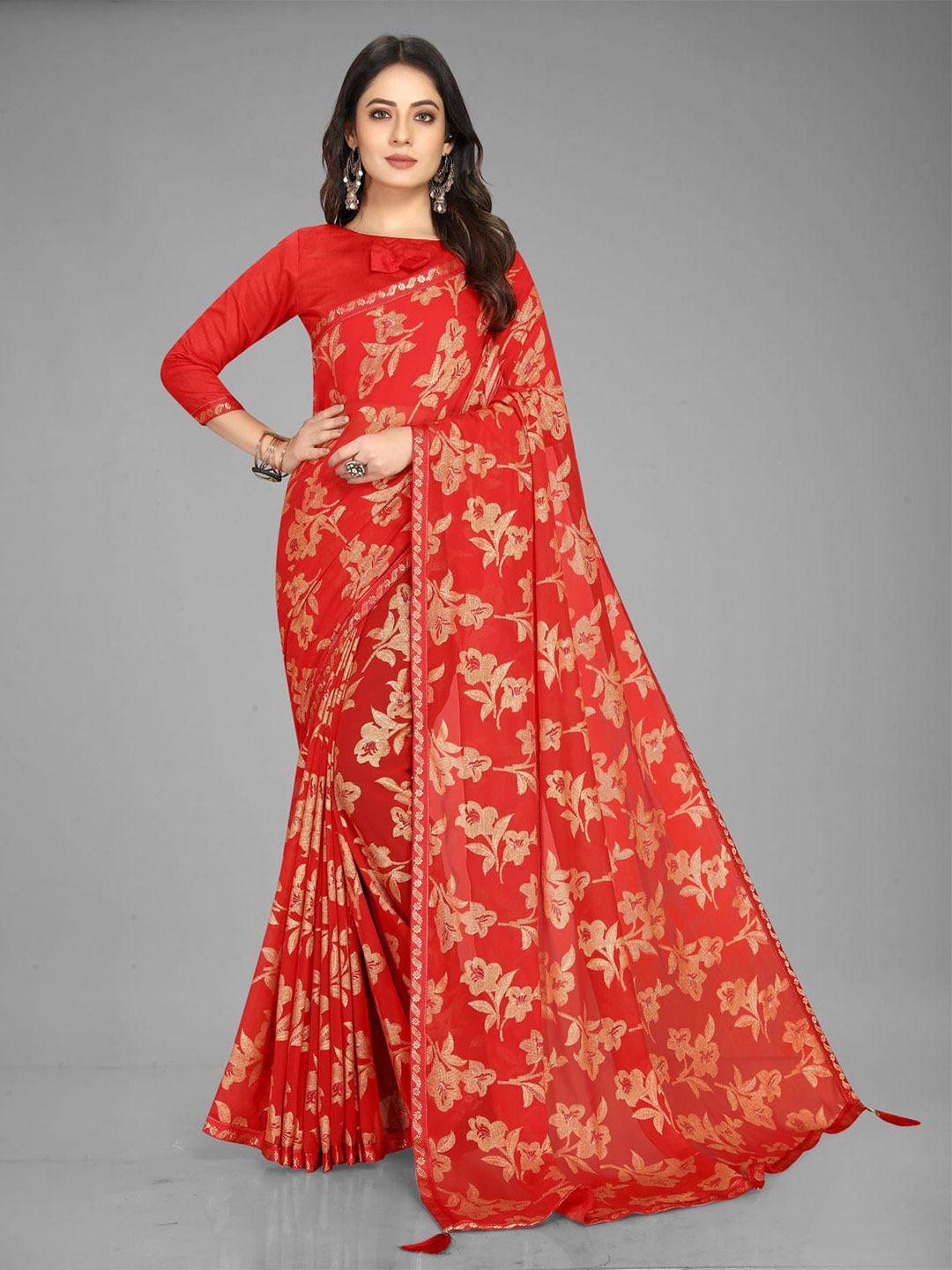 kalini red & gold-toned floral zari silk blend saree