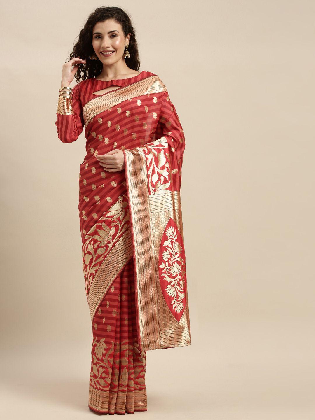 kalini red & gold-toned silk blend striped kanjeevaram saree