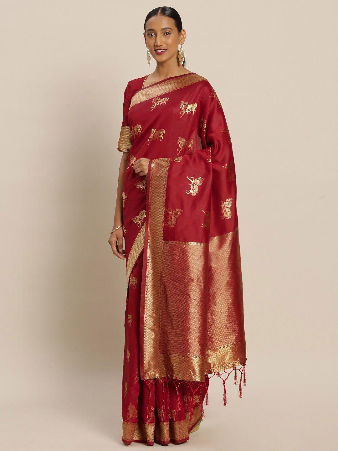 kalini red & gold-toned woven design zari silk blend banarasi saree