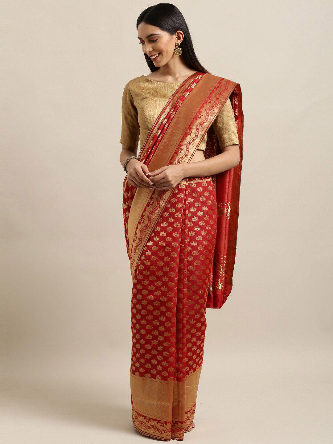 kalini red & gold-toned woven design zari silk blend banarasi saree