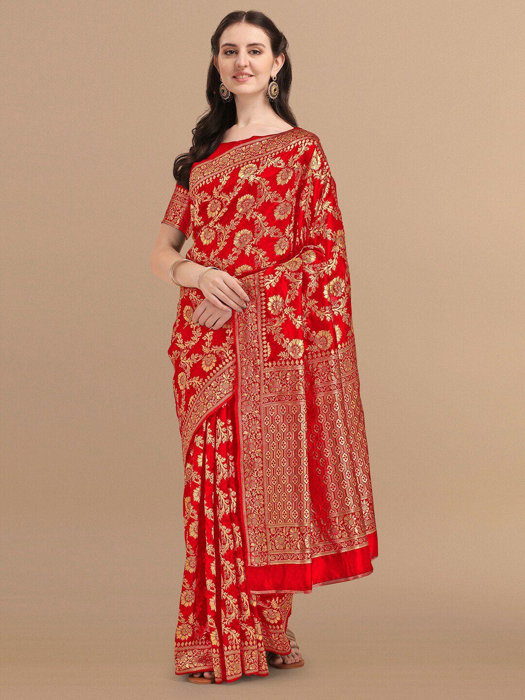 kalini red & golden floral zari silk blend banarasi saree