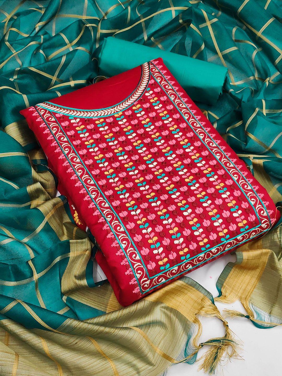 kalini red & green embroidered unstitched dress material