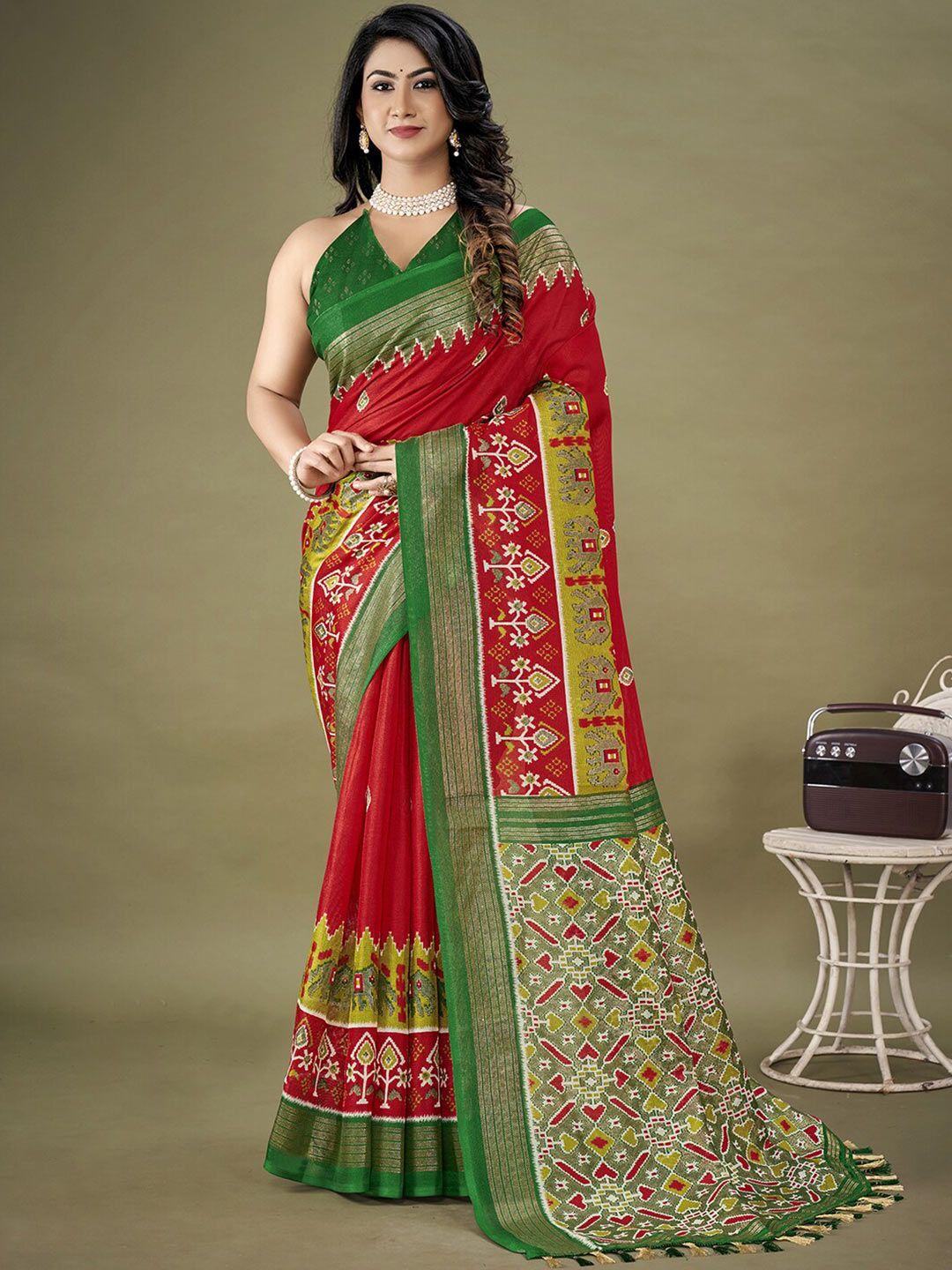 kalini red & green ethnic motifs zari jute silk patola saree