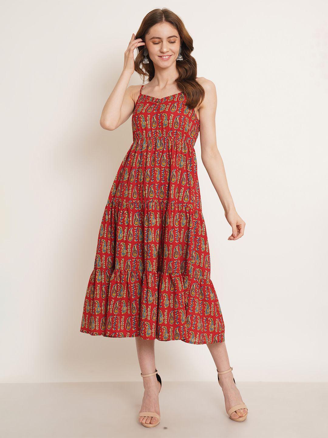 kalini red colourblocked print a-line midi dress