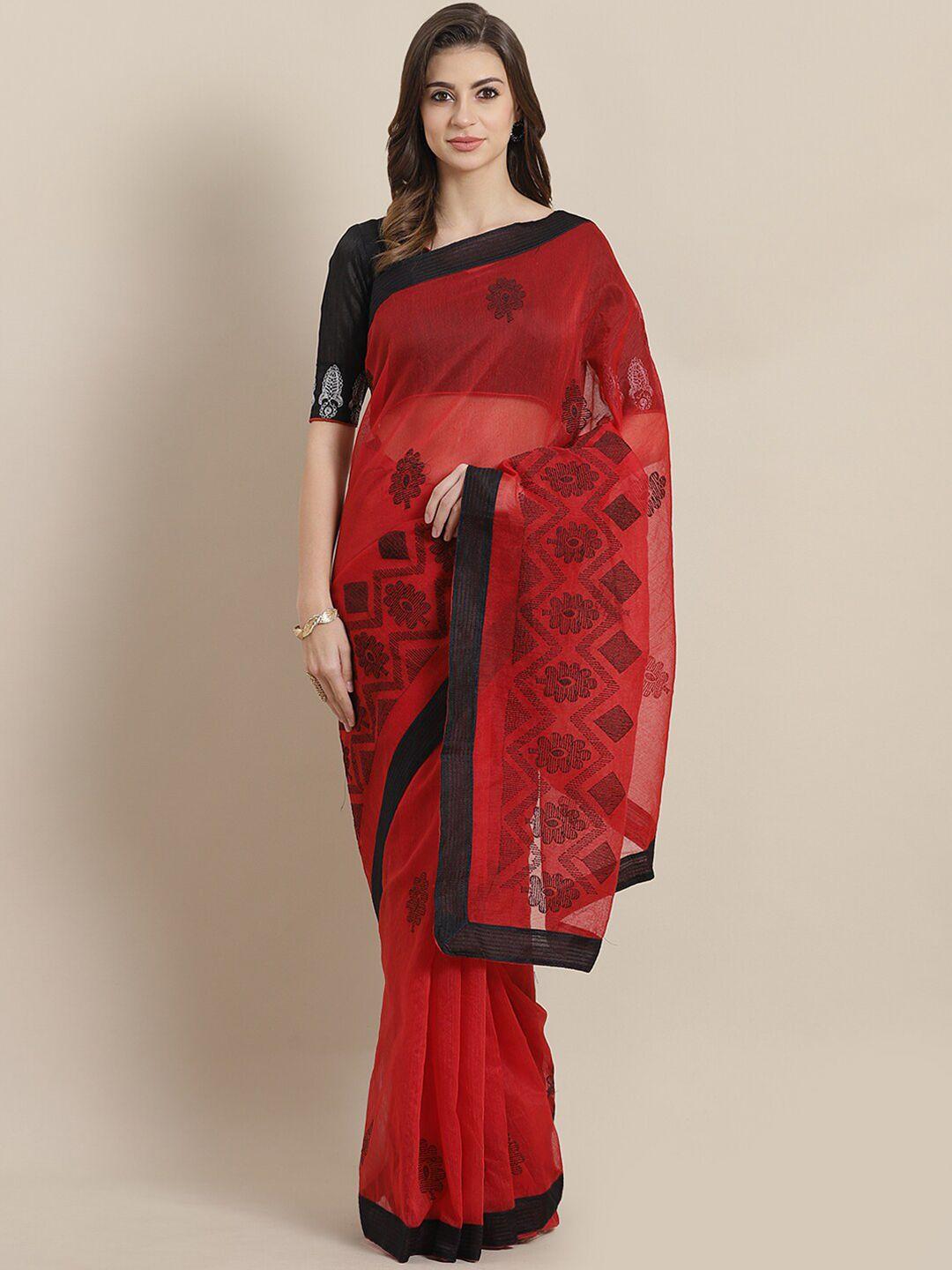 kalini red floral kutchi embroidery jute cotton chanderi saree