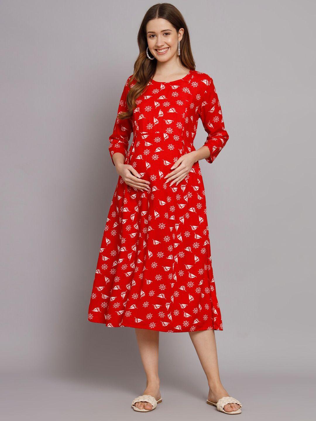 kalini red floral print maternity a-line midi dress