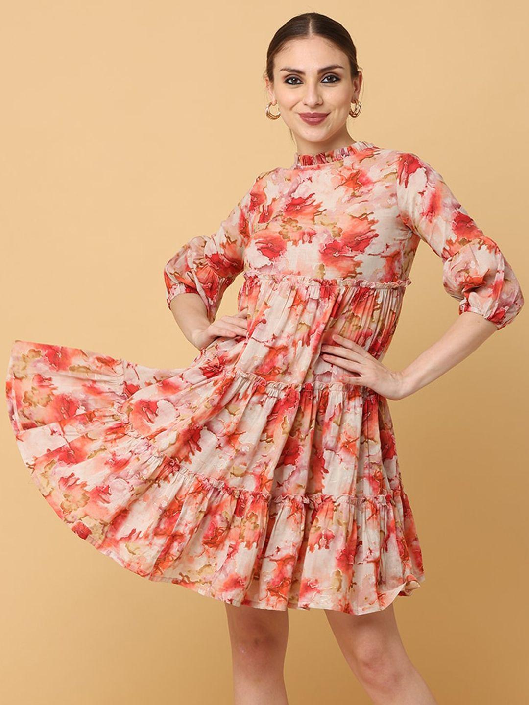 kalini red floral print ruffled fit & flare three-quarter dress