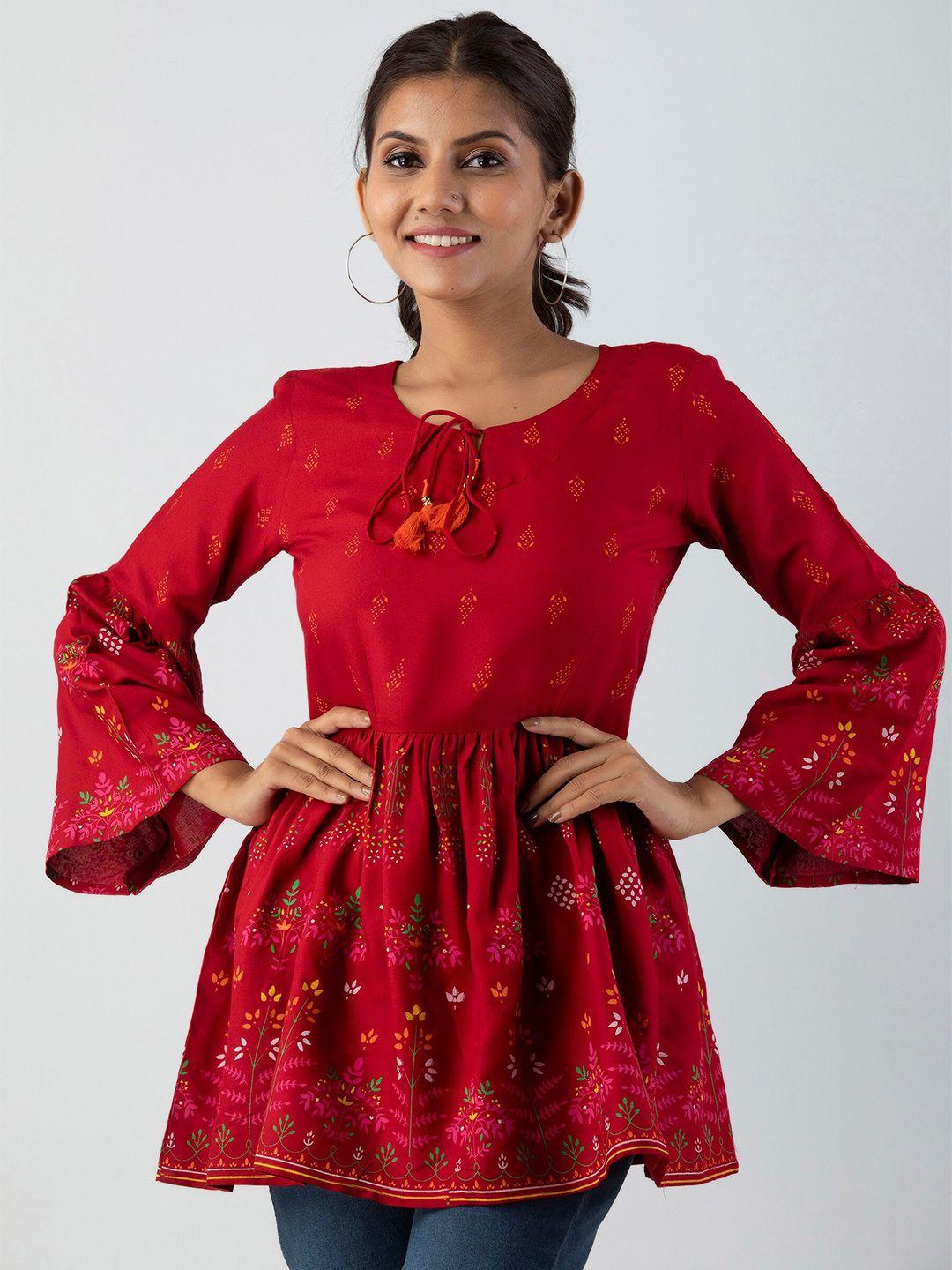 kalini red floral printed flared sleeves anarkali kurti