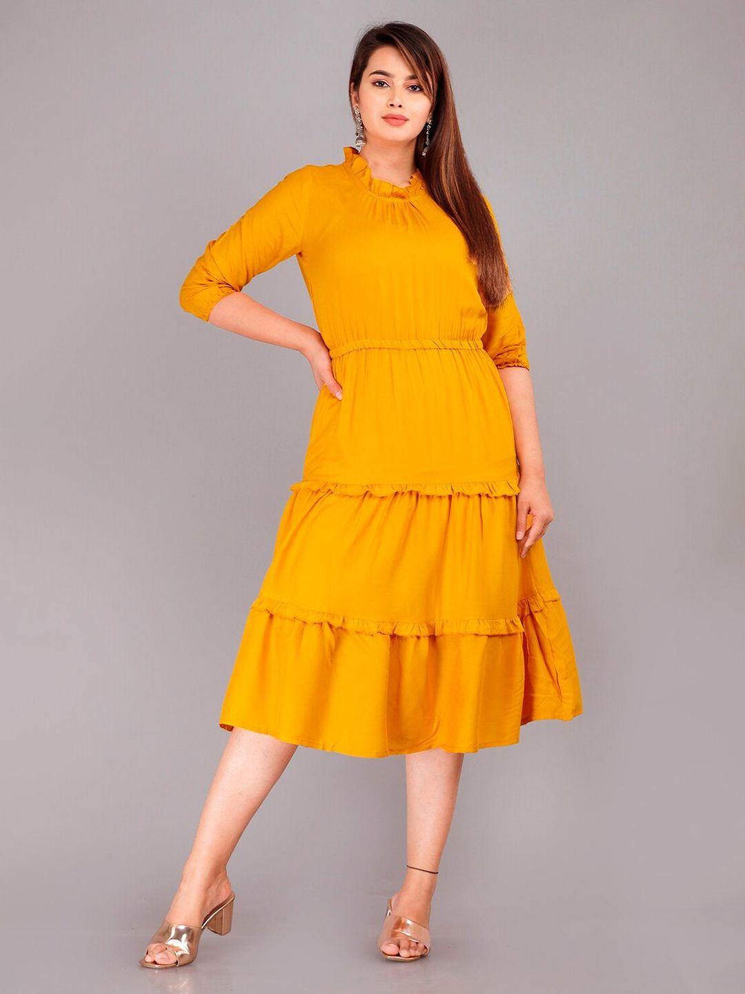 kalini round  neck with frills detailed tiered fit & flare midi dress