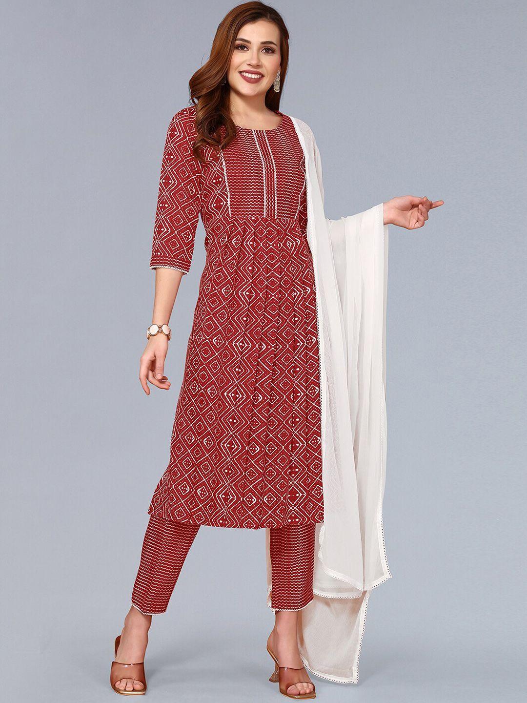 kalini round neck ethnic motifs printed empire kurta & trousers with dupatta