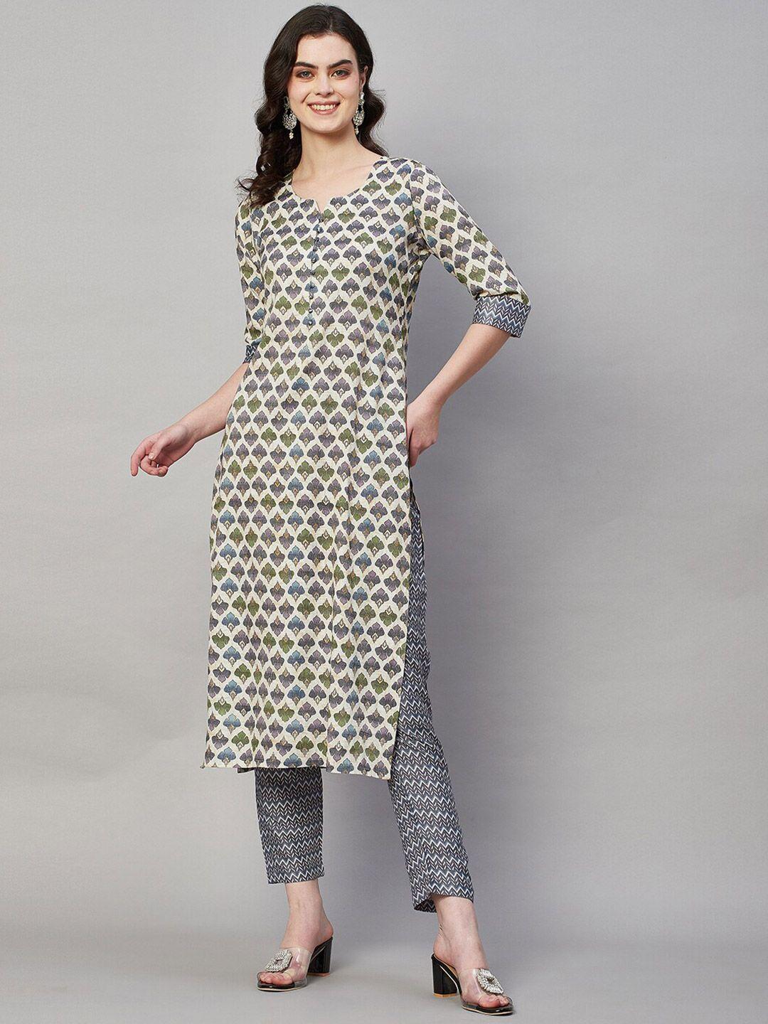 kalini round neck ethnic print straight kurta with trousers