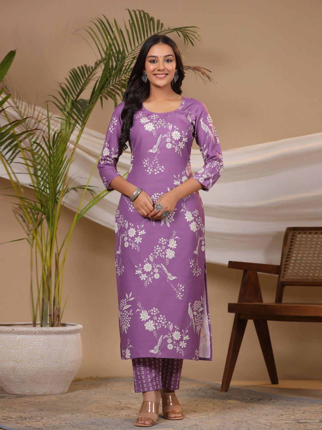 kalini round neck floral print straight kurta with trousers