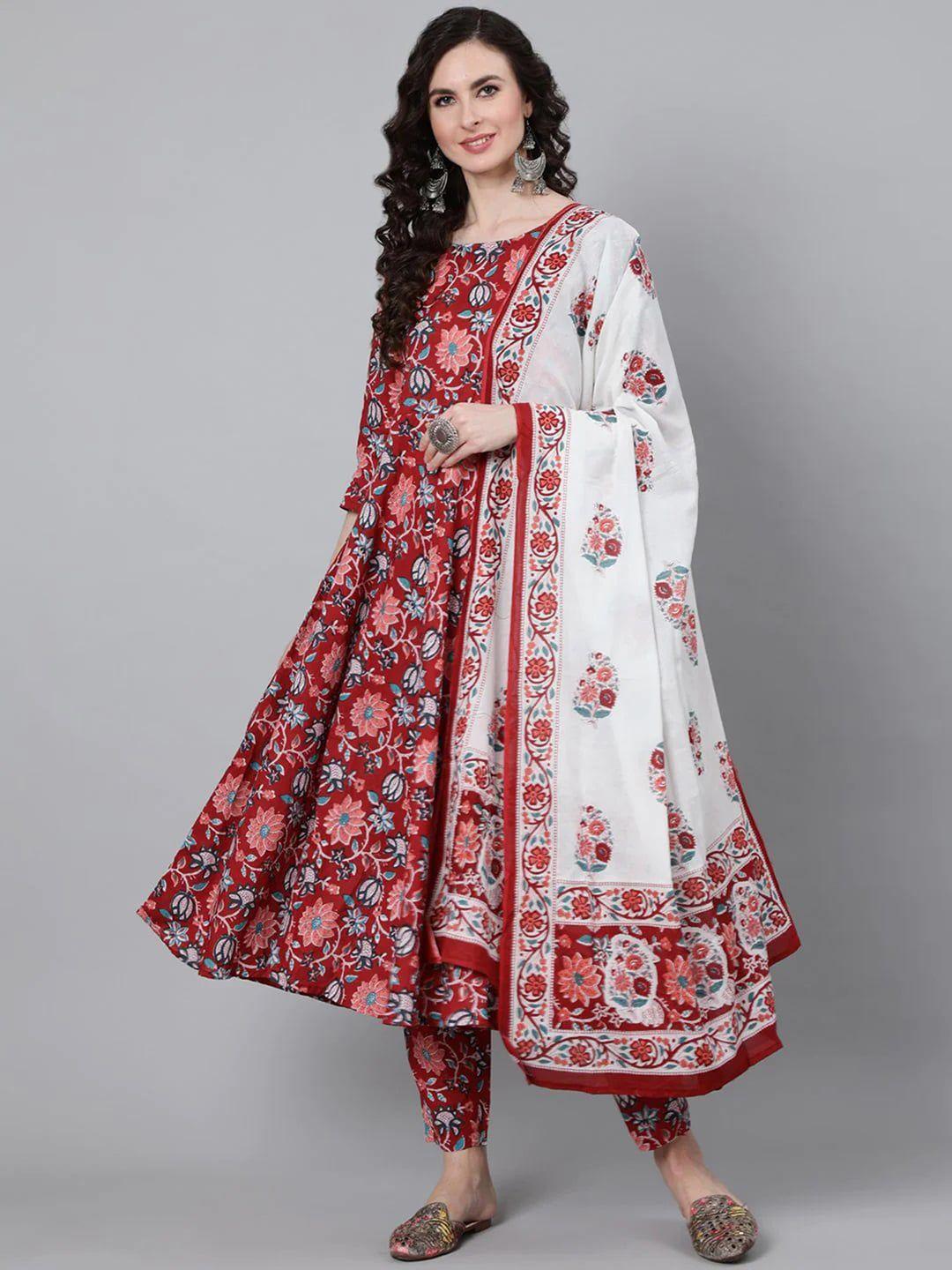 kalini round neck floral printed anarkali kurta & trousers with dupatta