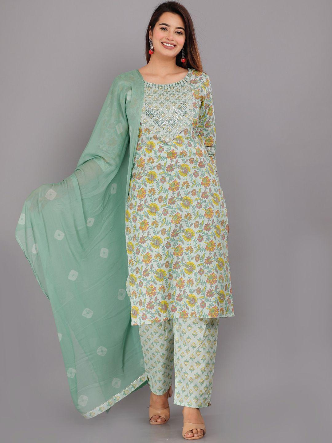 kalini round neck floral printed sequinned pure cotton kurta with trousers & dupatta