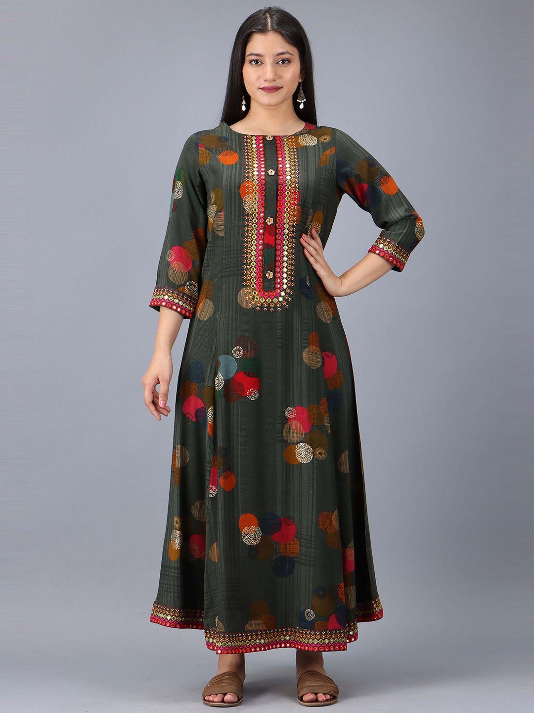 kalini round neck geometric printed embellished maxi dress