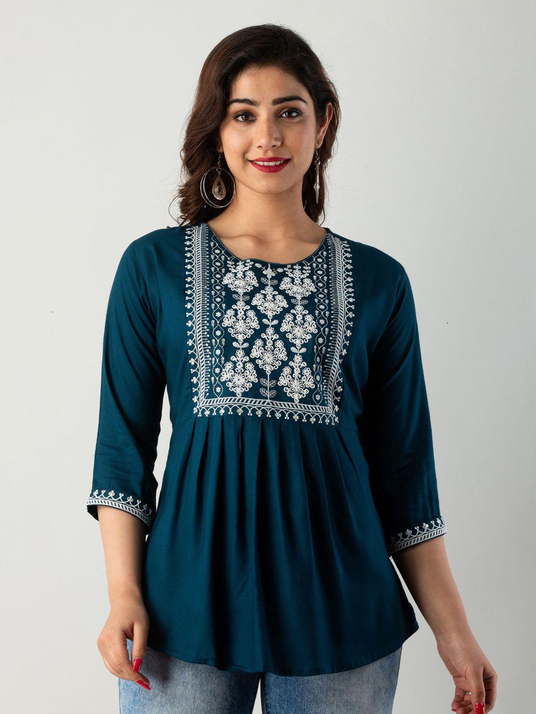 kalini round neck pleated ethnic motifs embroidered a-line top