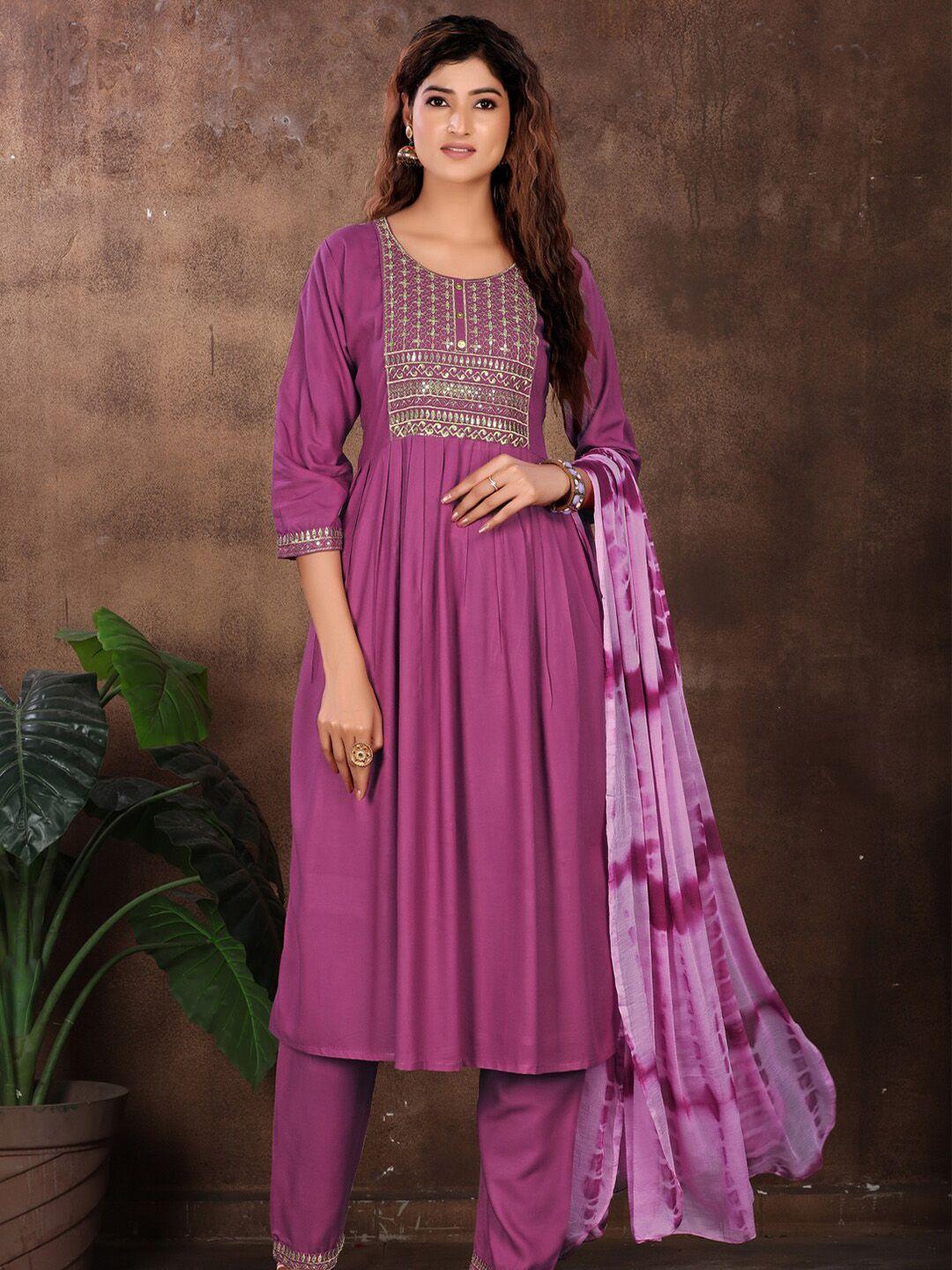 kalini round neck sequinned detailed pleated a-line kurta & trousers with dupatta