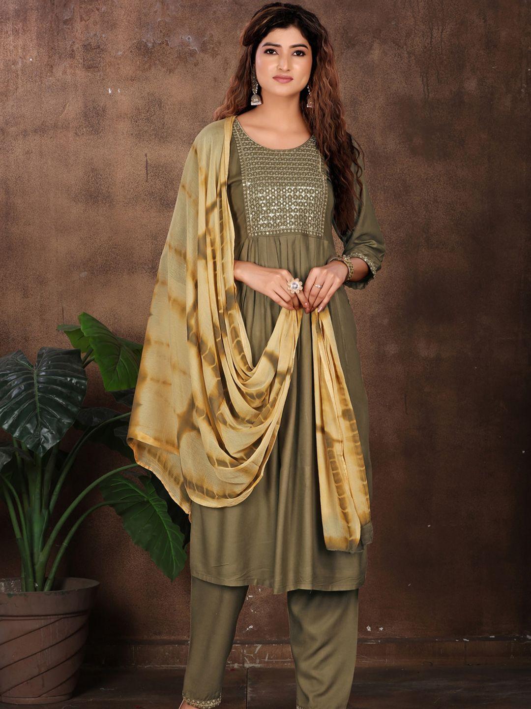 kalini round neck sequinned detailed pleated a-line kurta & trousers with dupatta