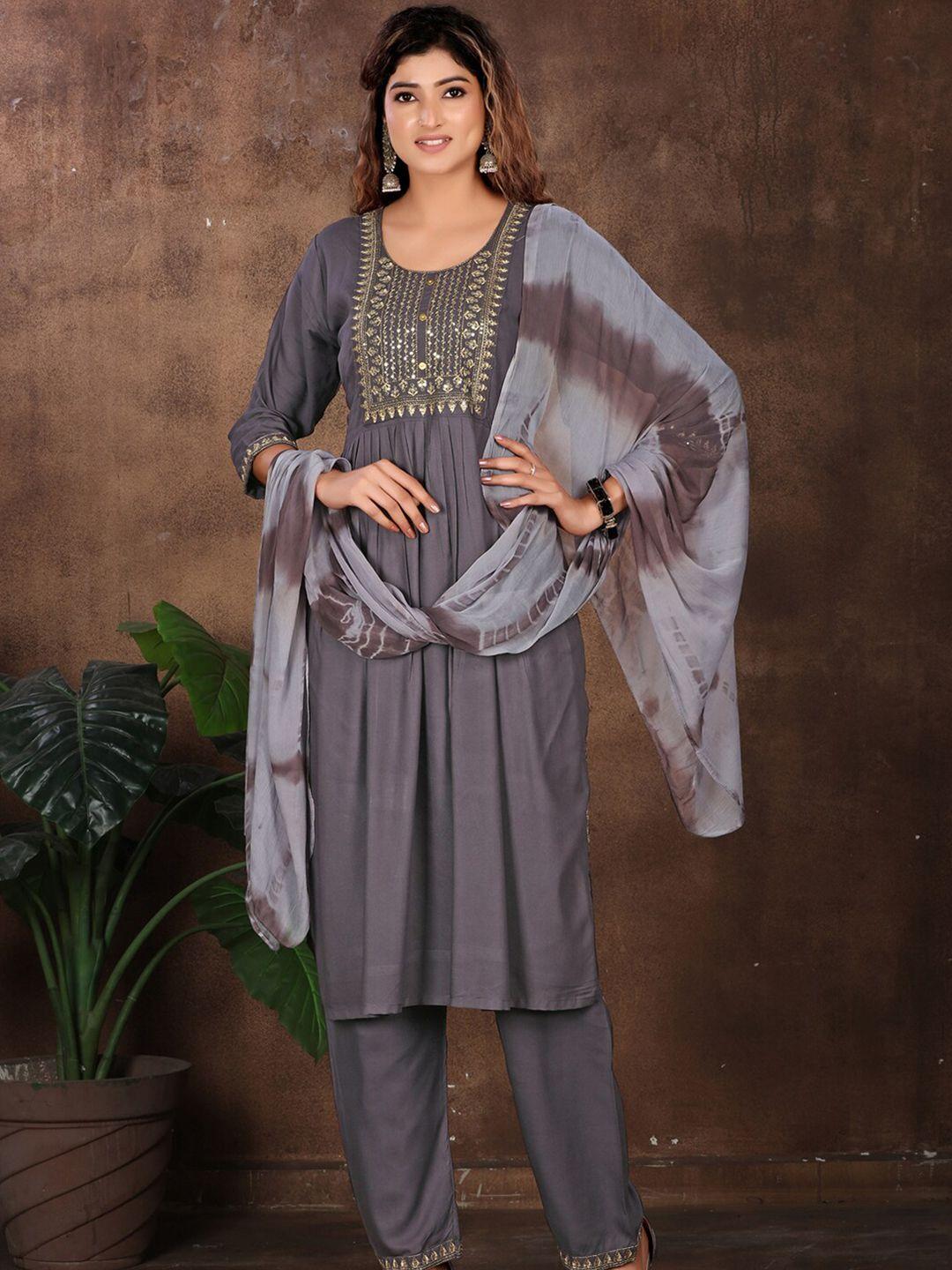 kalini round neck sequinned detailed pleated a-line kurta & trousers with dupatta