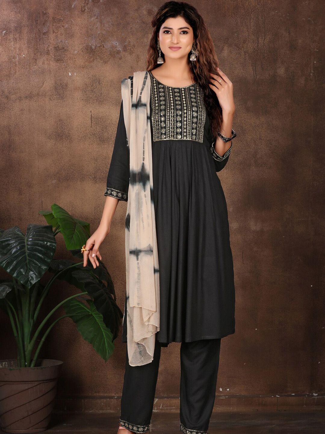 kalini round neck sequinned detailed pleated a-line kurta & trousers with dupatta