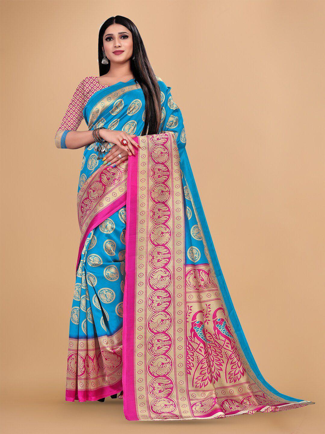 kalini sea green & pink ethnic motifs poly georgette saree