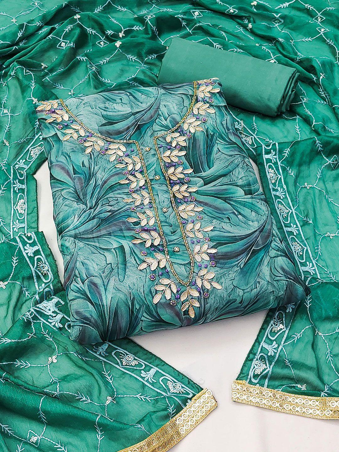 kalini sea green & sea green embroidered organza unstitched dress material