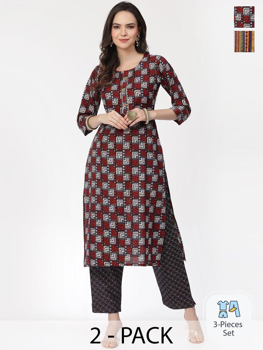 kalini selection of 2 geometric printed pure cotton straight kurta with trousers