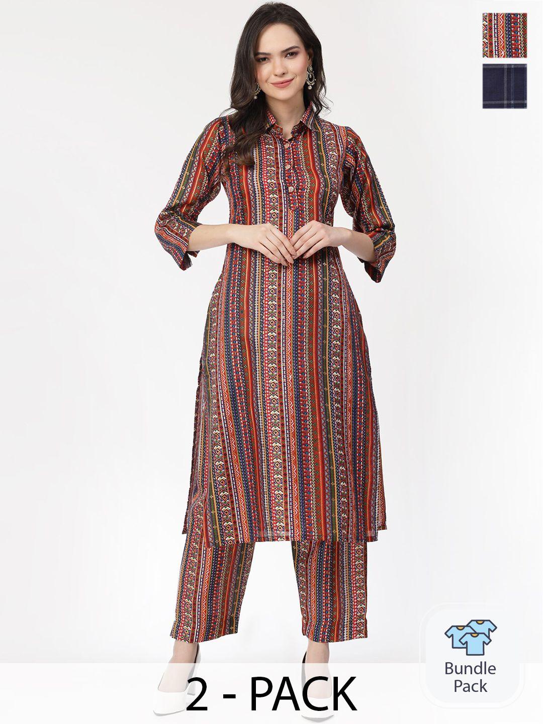 kalini selection of 2 tribal printed pure cotton straight kurta with trousers