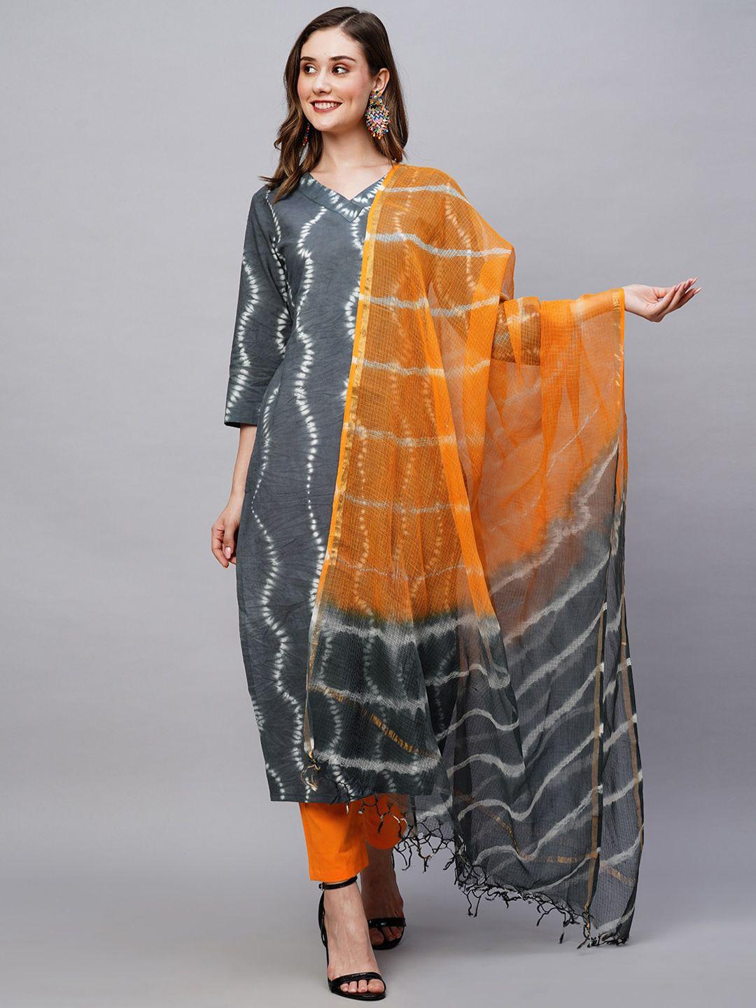 kalini shibori dyed v-neck straight kurta & trousers with dupatta