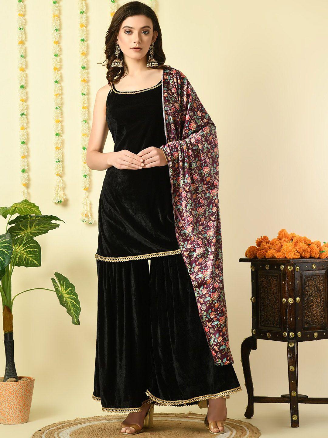 kalini shoulder straps velvet straight kurta & sharara with dupatta