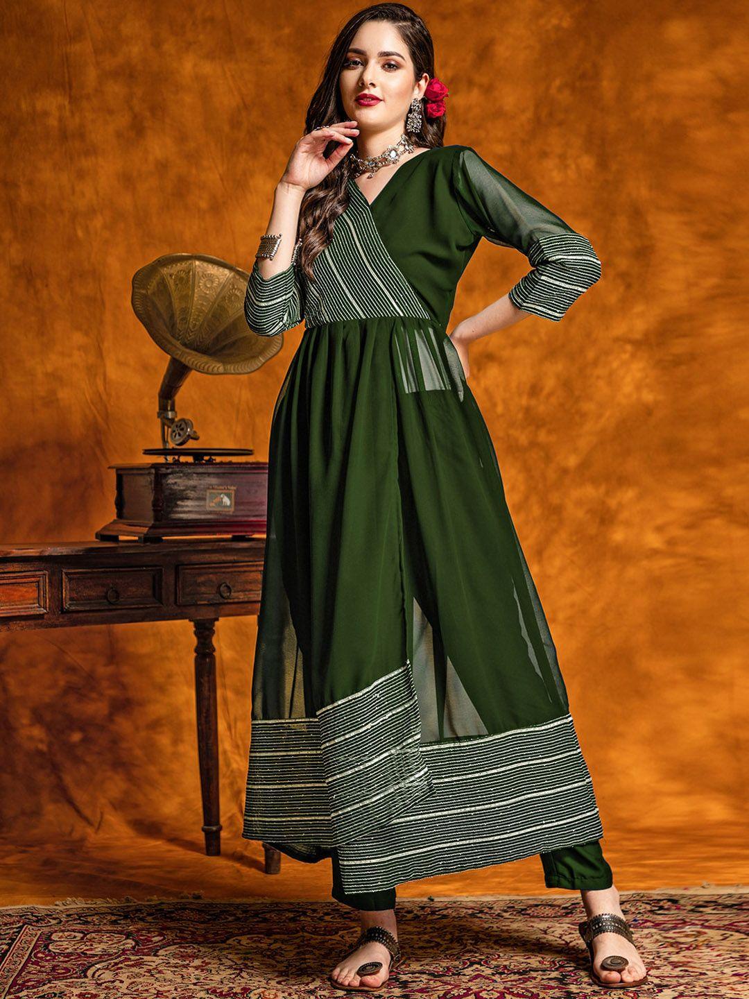 kalini striped angrakha a-line kurta with trousers