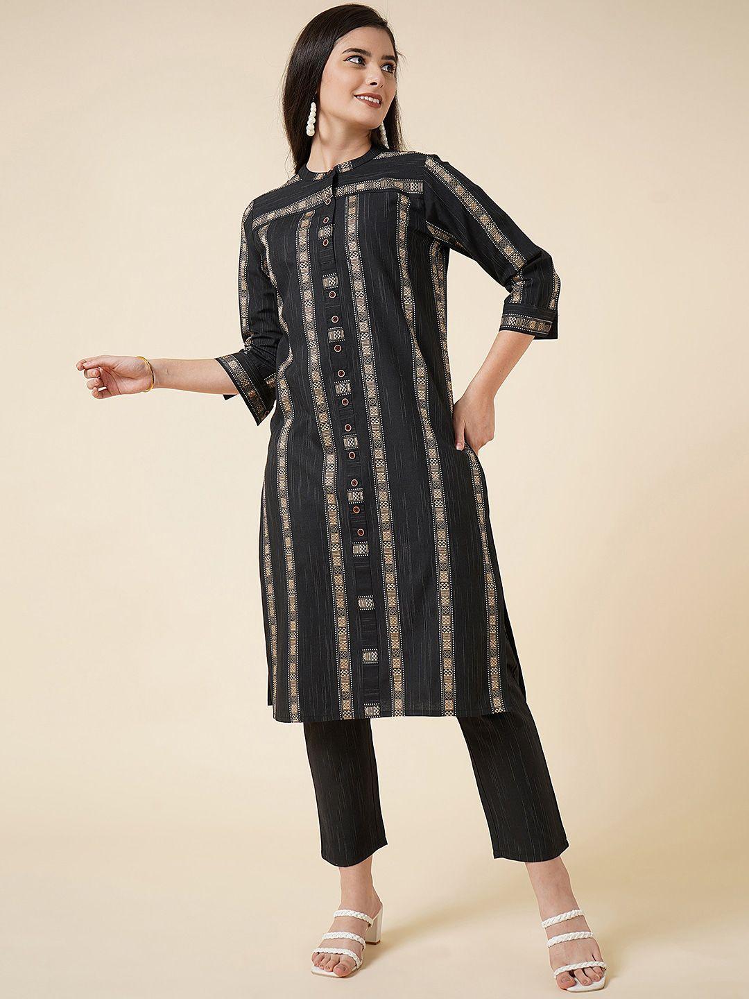 kalini striped band collar kurta with trousers