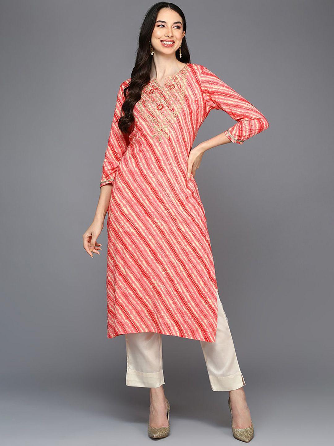 kalini striped embroidered keyhole neck a-line flared kurta