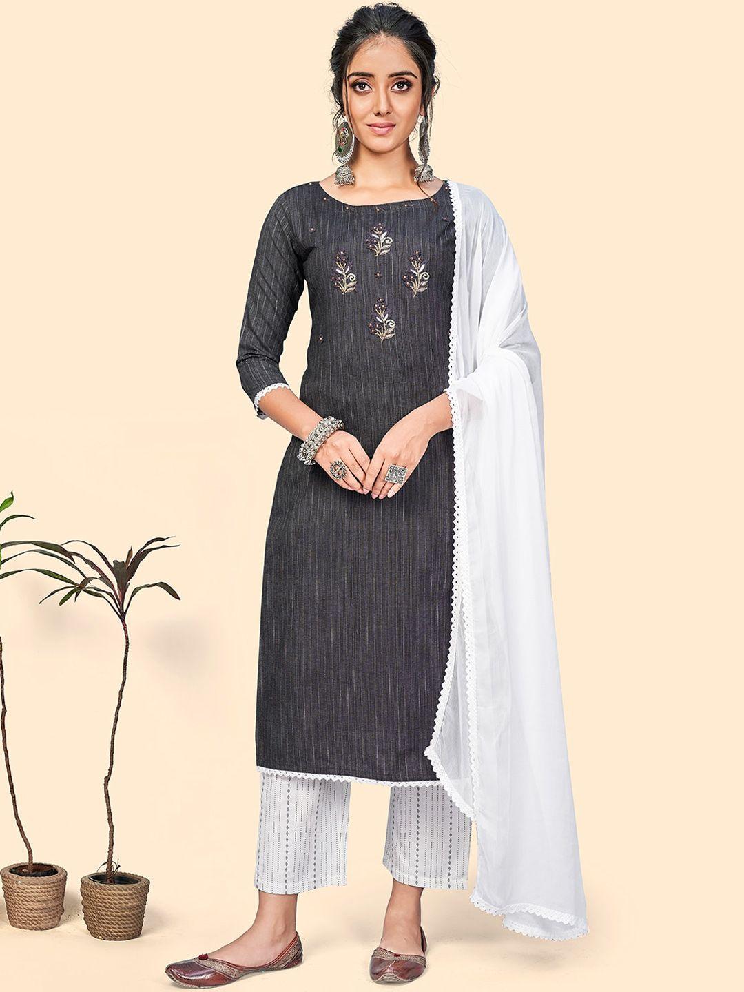 kalini striped floral embroidered straight kurta with trousers & dupatta