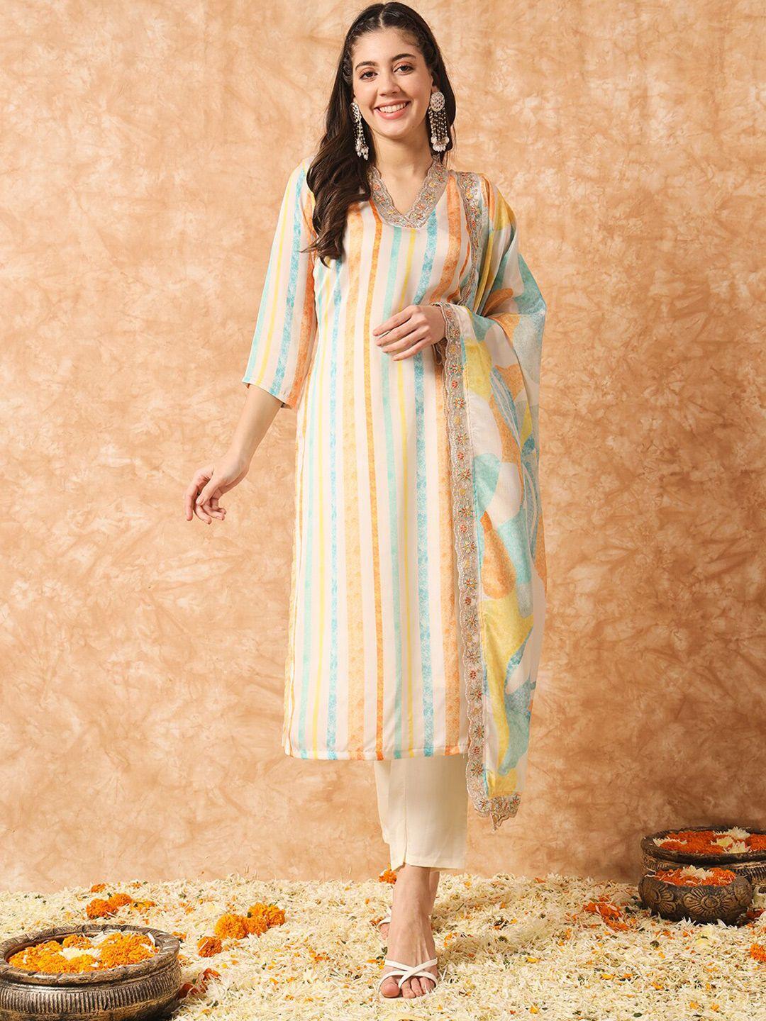 kalini striped regular silk georgette straight kurta with trousers & with dupatta