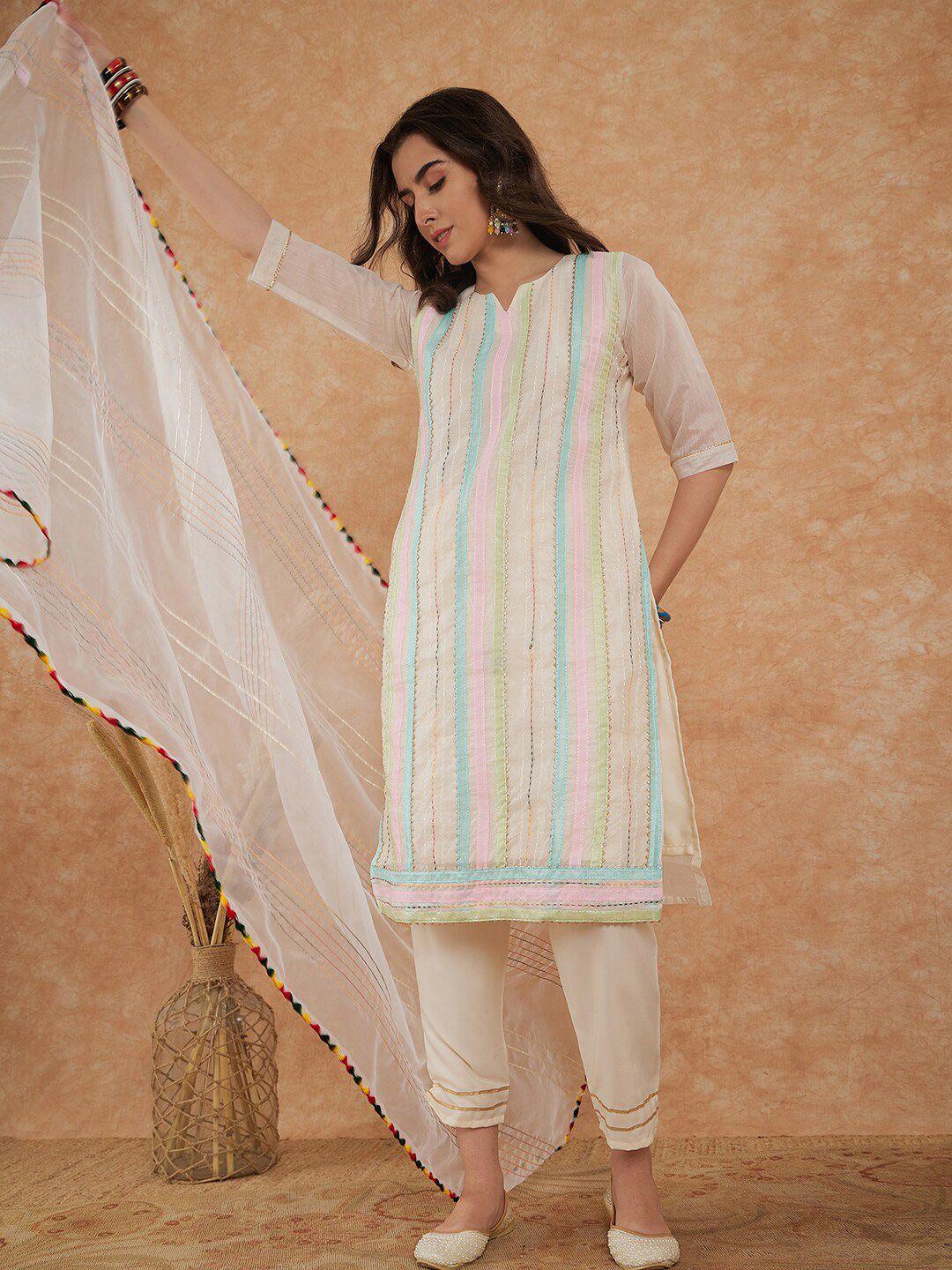 kalini striped round neck gotta patti chanderi cotton kurti with salwar & dupatta